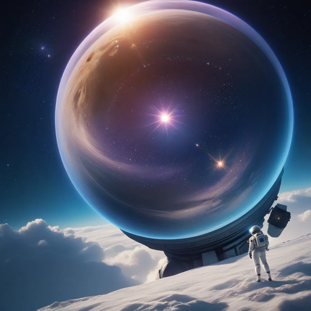 "A lone female astronaut in an advanced space suit stands on the edge of an unknown celestial body, gazing at a massive, glowing sphere floating in the cosmic void. The sphere radiates an ethereal light, blending deep blues, purples, and golden hues. The a...