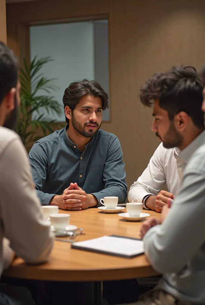 "A group of young Pakistani people(boys) engaged in a peaceful discussion around a round table in a modern conference room. The participants, both men and women, are dressed in traditional Pakistani attire such as shalwar kameez and modern formal clothing....