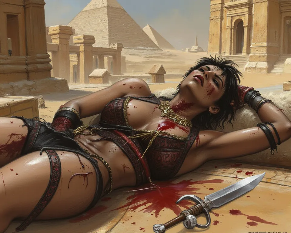 bloodied and mortally wounded female assassin in ancient Egypt with a dagger plunged in her chest.