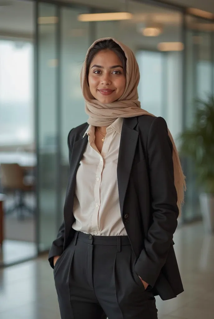 
19 year old pakistani girl wear a scarf on head and hide complete hairs with bright skin tone and dimple on her face and narrow body posing for a linkedin picture for female make sure  in professional Office Wear