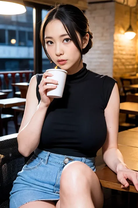 Close up shot mature teacher in her 50s with super huge breasts and super long legs sitting on a cafe terrace at night drinking coffee while smoking a cigarette in a blouse miniskirt short hair
