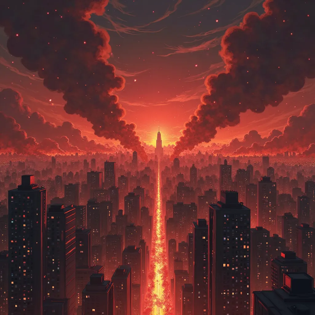 dibujo de anime, From a city that is far away at night, Burning in red flames.