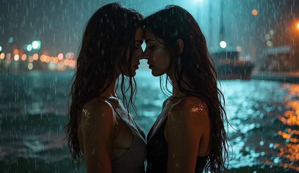 A dramatic, rain-soaked moment between two women in their late twenties/early thirties standing in the middle of a stormy waterfront at night. Olivia, with dark brown hair, stands infront of  Erin’s , both drenched and breathless. The rain glistens under t...