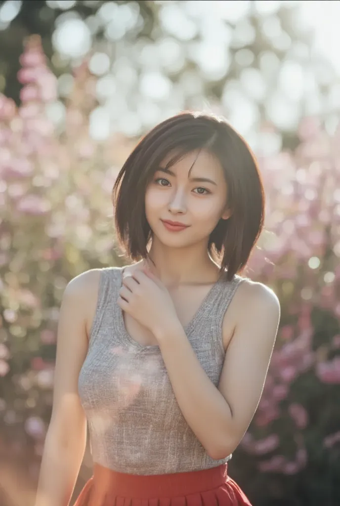 ultra realistic, best quality, 1girl, full body, check pattern cloth, black hair, short bob cut hair, detailed skin, bokeh, blurry background, depth of field, halataion, lens flare, sunny, cinematic lighting, look at viewer, wide shot, smile,miporin, red s...