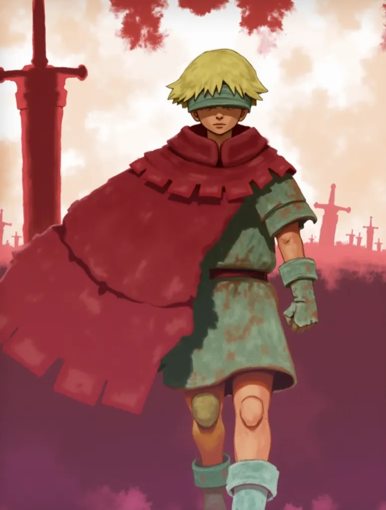 Create a digital painting of a blindfolded young hero (or heroine) standing in a desolate landscape. The character should wear a tattered red cloak, a green tunic, and simple armguards. The landscape is characterized by an otherworldly atmosphere with a li...