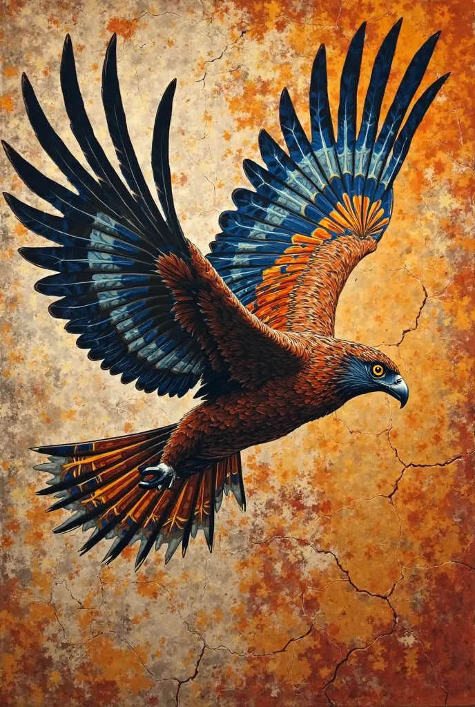 "Depict soaring birds like the African fish eagle in an abstract Savannah rug. Their wings should be stylized with intricate patterns, blending seamlessly with the wind currents and cracked earth textures."

