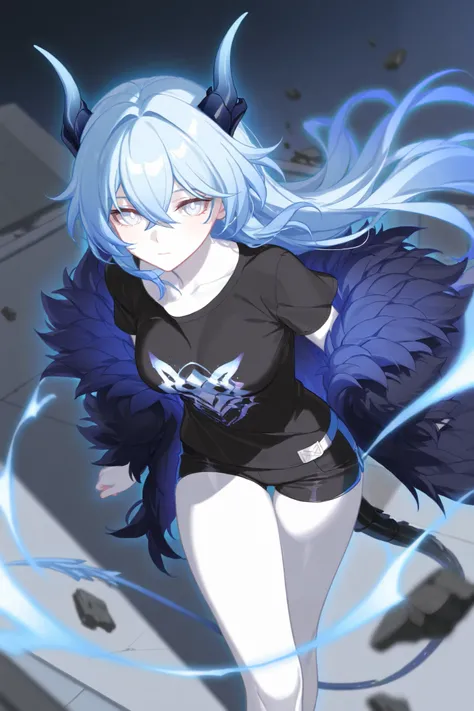 best image quality、High Resolution、 diamond blue hair 、White Eyes、Feather coat、Alien Tail、 Dragon Horn、rooftop、、  black t-shirt 、beautiful breasts、  best thighs、Blue aura、 long hair、best image quality、floating rubble、Xenomorph、Cosmic Aura 、black shorts、 wh...