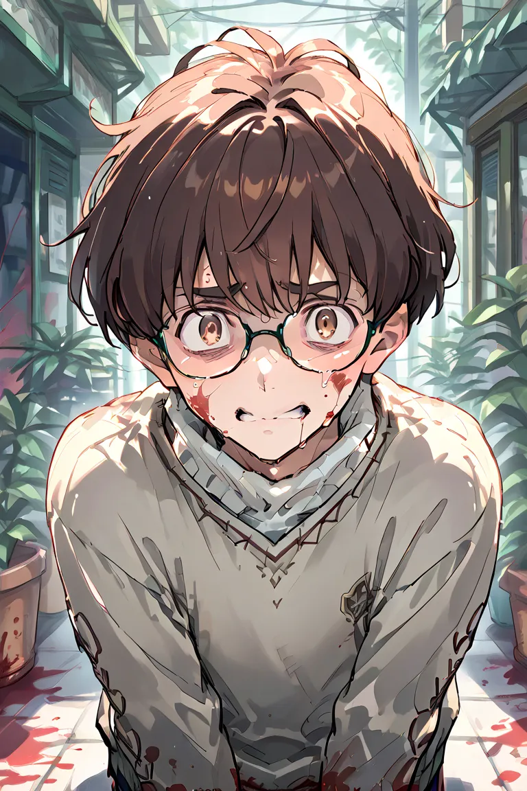 Masterpiece, highest quality, 8k, hdr,1boy, very short curly brown hair, glasses, sweater, khakis, plant shop in background, blood splatter, detailed, blood on face and clothes, scared pose, dynamic pose, anime, detailed, male focus