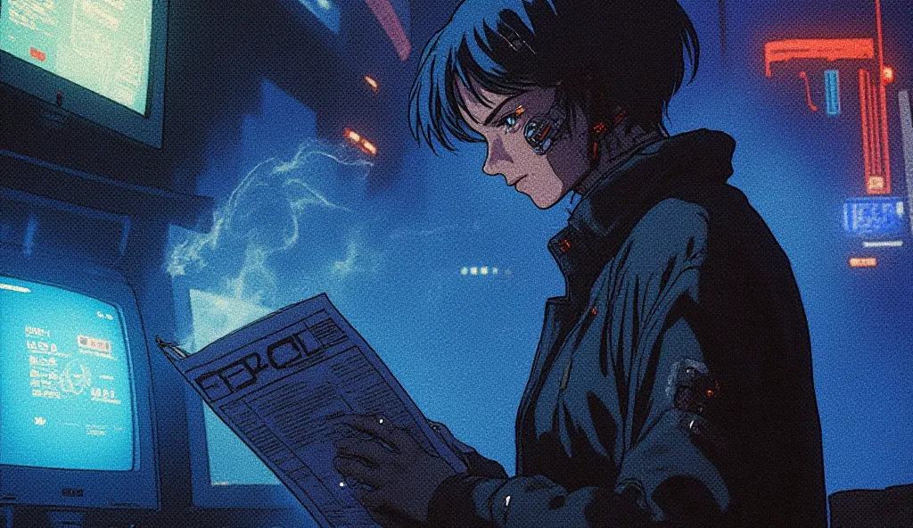 Retro anime of a futuristic female detective with a cybernetic eye, holding a digital newspaper while investigating a case in a bar filled with smoke and CRT screens. Neon blue lighting and film grain effect.