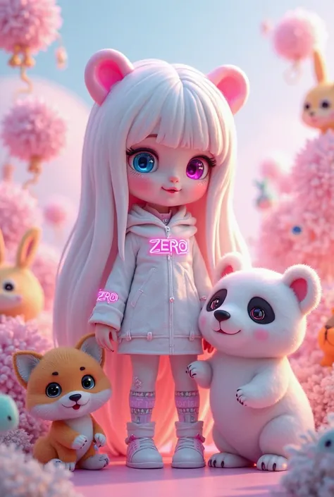 A cute and highly detailed 3D-rendered illustration of ZER0, the embodiment of liquidity in 0G Chain. She stands in a playful, ethereal environment, surrounded by adorable creatures like a cybernetic panda, a fluffy fox, a smiling cat, a cuddly rabbit, and...