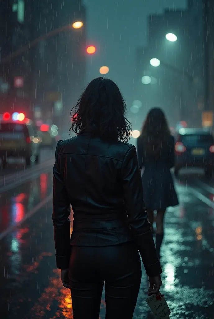 “A dark, rain-soaked city at night, illuminated by distant streetlights and the flashing red and blue of police cars. A female detective (Amy) stands with her back to the viewer, wearing a black leather jacket, holding a bloodstained note in her hand. Her ...