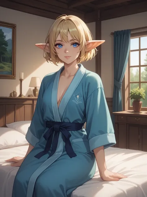 ((masterpiece)), 1 girl, goblin girl, , high resolution, helmet short hair,  green leather,  sharp ears, blue eyes, blonde hair, wearing a blue silk bathrobe, room with a bed, aesthetically pleasing, high resolution, high detail, anime, soft lighting, even...