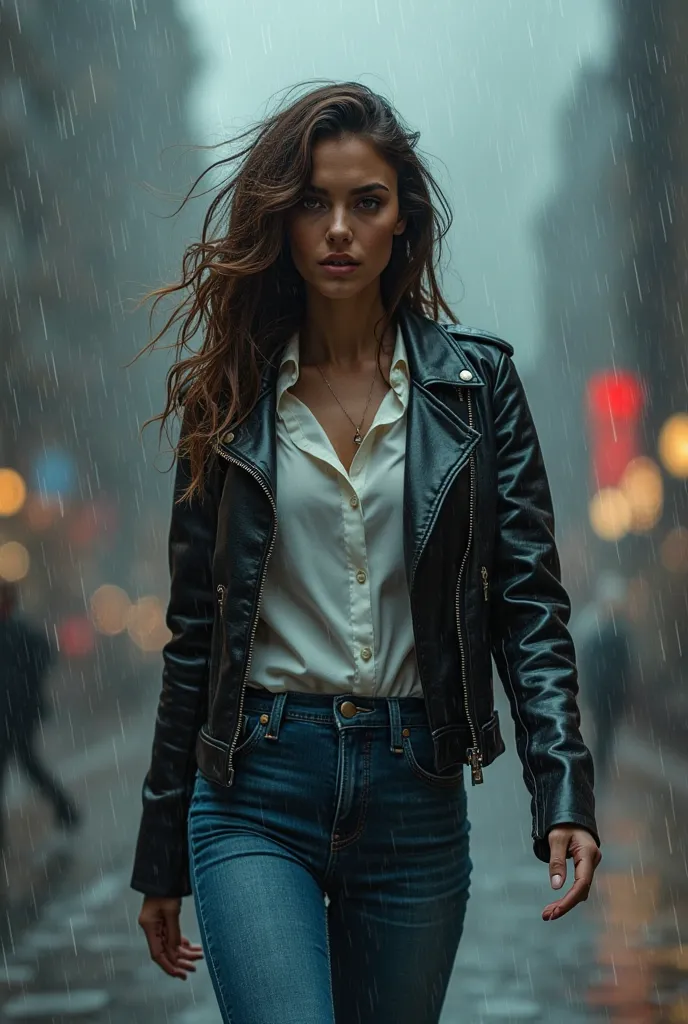 Woman wearing leather jacket, white blouse and jeans caught in the storm