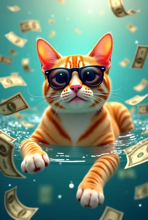 A cat wearing sunglasses that is drowning in cash