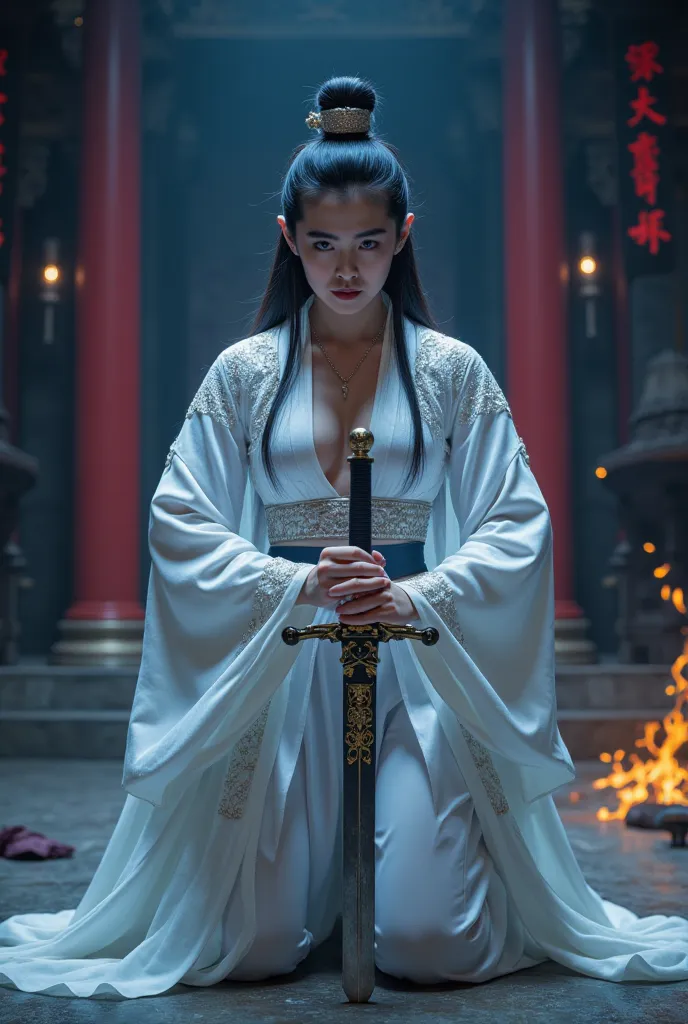 A battle scene in which a sexy female white ninja lands、Place one hand on the floor and hold the wuxia long sword horizontally in front of your face.、Intricate chain mail that fits the body perfectly、sexy， Serious Eyes、Low fighting stance、surrounded by the...