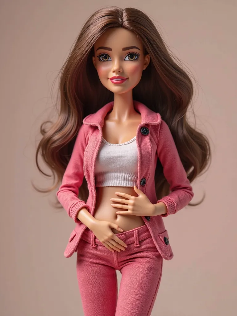 Barbie with brown hair, jacket, pants, with a face of pain, clutching the belly with both hands as if complaining of belly pain 