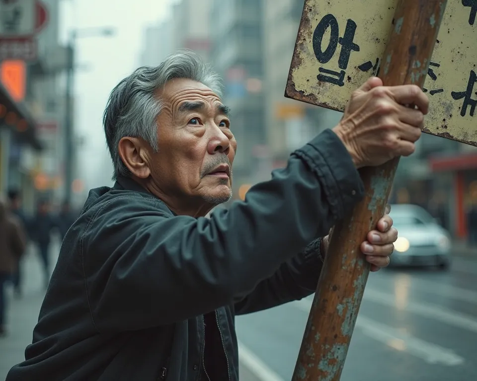 Draw a middle-aged Korean man holding onto a sign that's falling off, but he's afraid it's going to fall off