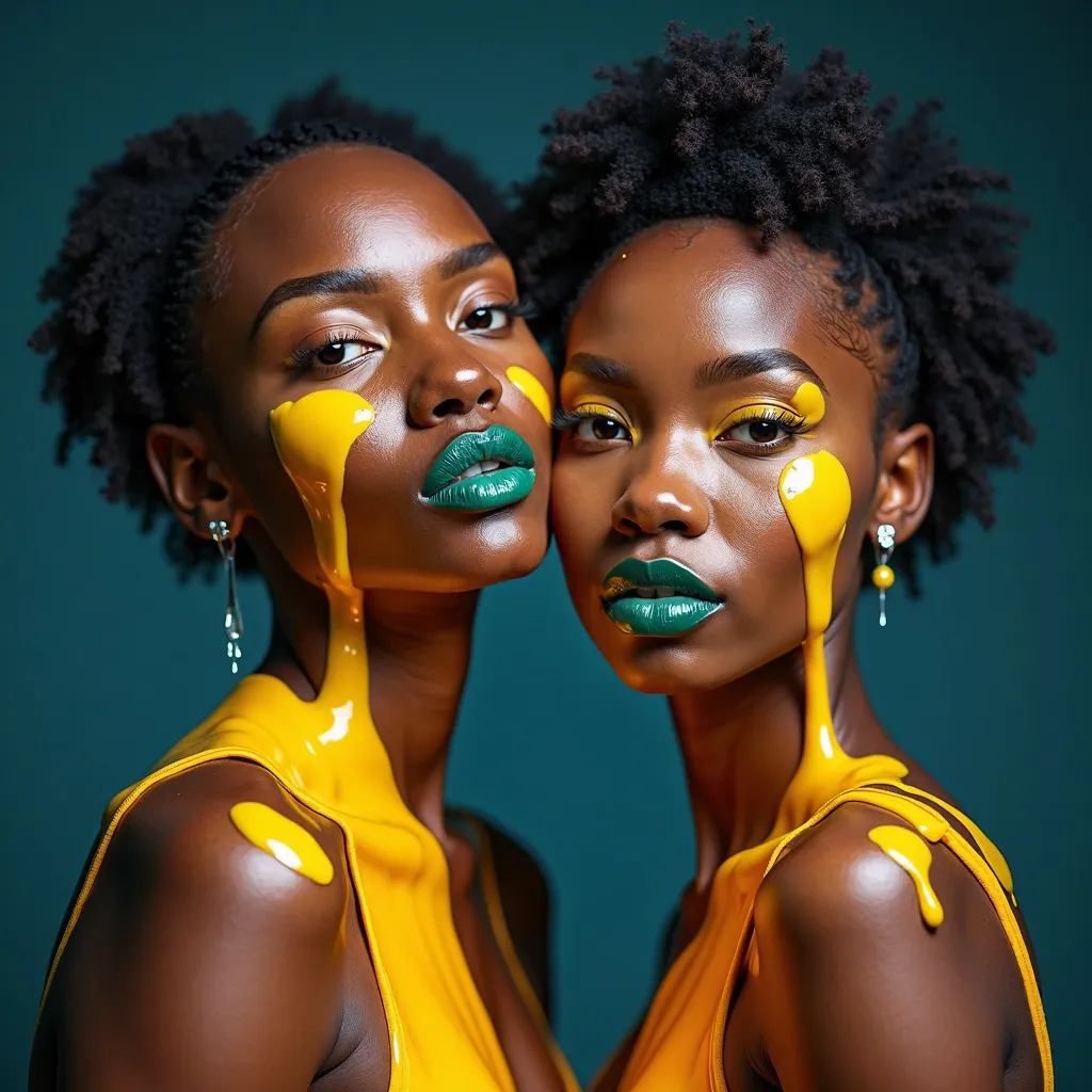 Hyper-detailed studio portrait of a Black couple with warm caramel skin, their bodies partially splattered with cracked raw eggs, the yolk dripping slowly down their shoulders. The scene is surreal yet beautifully composed, with their skin glistening under...