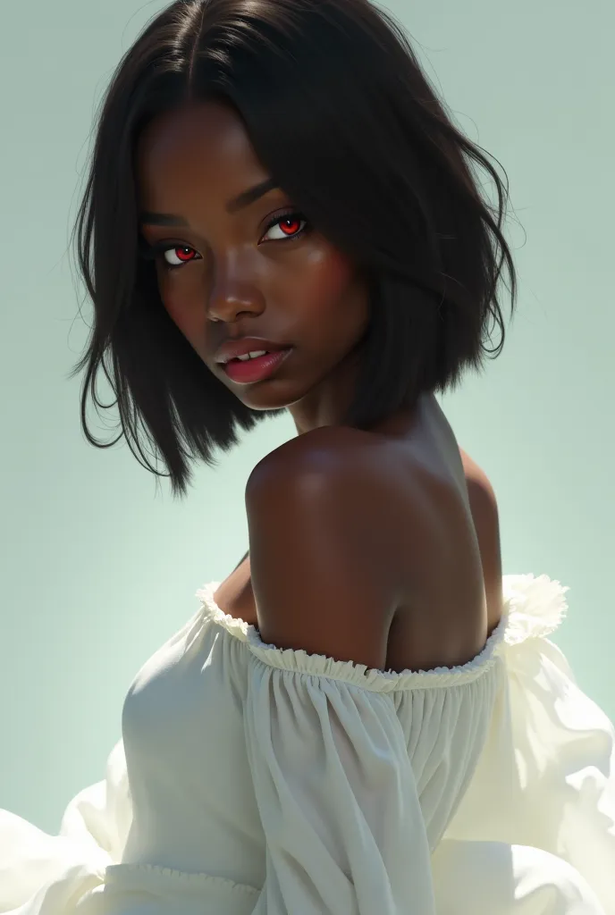 A red-eyed black girl wearing a white dress 