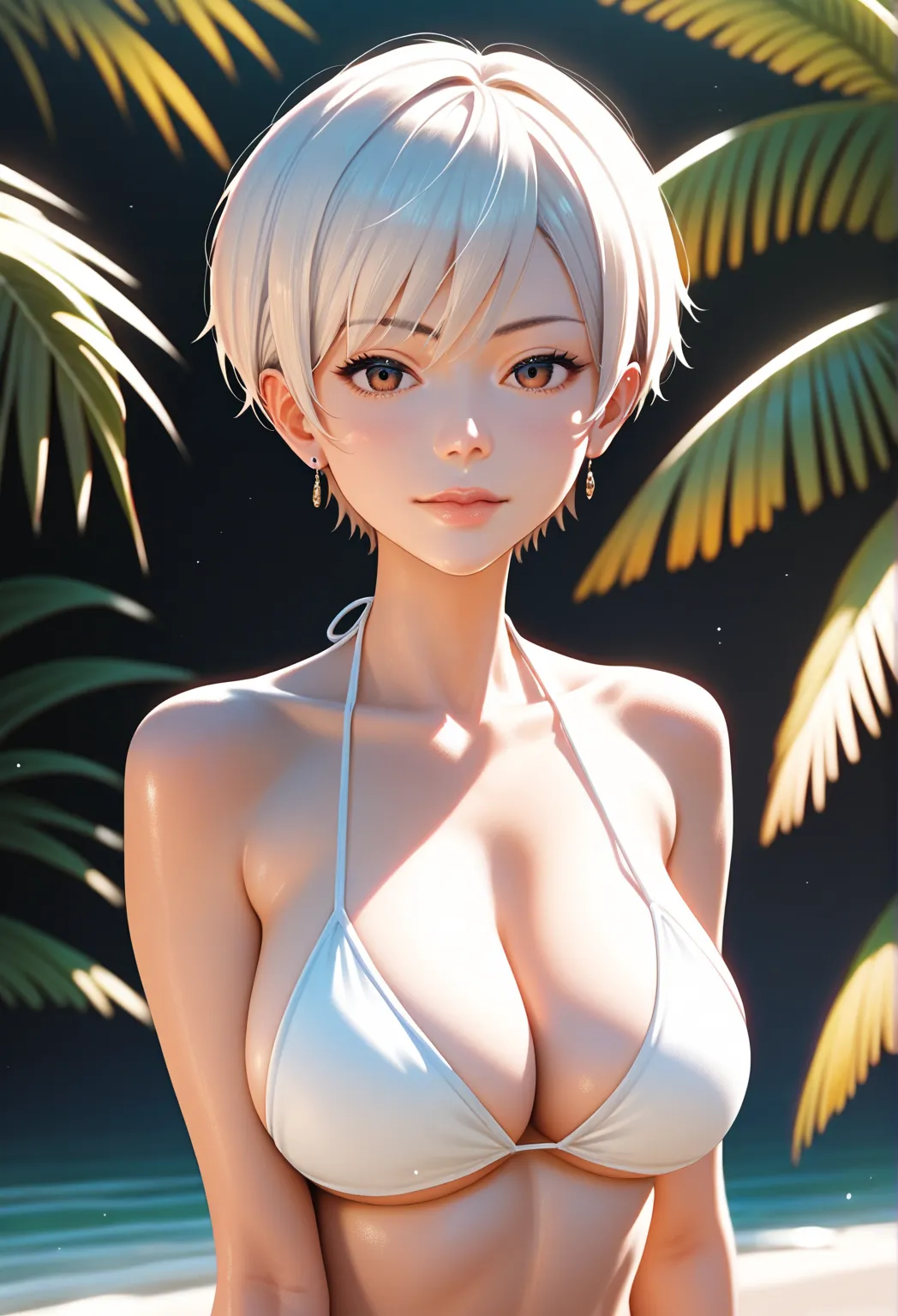 Hana Uzaki, short white hair, sexy, very large breasts,  bikini,