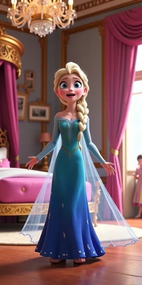 Main Character (Blonde-Haired animated character representing frozen )
She has long, platinum blonde hair styled in a side braid, reinforcing an elegant yet powerful presence.
She is wearing a shimmering, icy blue gown with a fitted bodice and sheer sleeve...