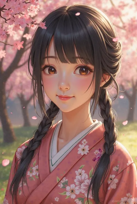 A young Japanese woman with a soft and gentle expression, wearing a traditional floral kimono. She has long, straight black hair with bangs, styled into two low pigtails. Her face has a delicate, slightly rounded shape with smooth, fair skin. Her eyes are ...