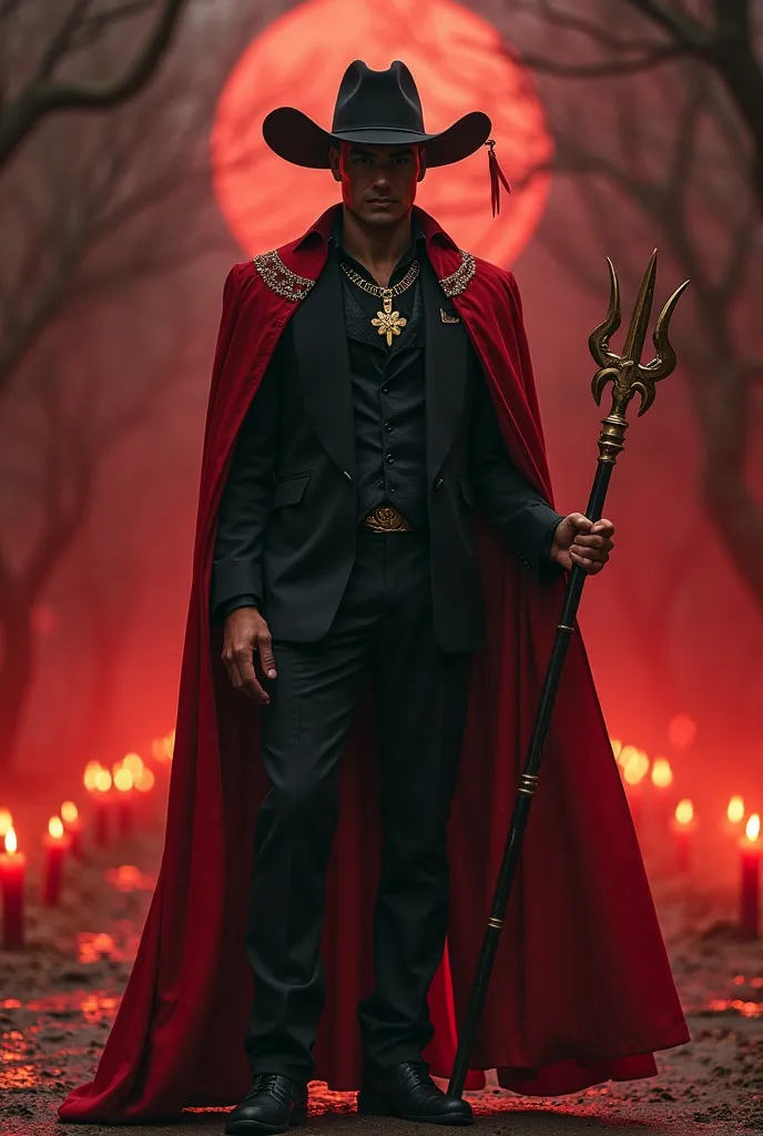 Create an impactful image of Tranca Ruas, a strong and imposing Exu,  dressed in an elegant black suit , red cape and wide-brimmed hat. He must have an intense and mysterious look, holding a trident or a golden key, representing his strength in opening and...