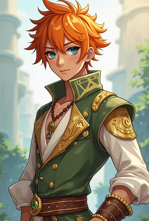 Medium-height male character of Genshin Impact from the Natlan region, with the vision of hydro and pyro. Blue eyes with orange hair. With freckles and brown skin color. Beish clothing, olive green, white and coffee with touches of gold, with a street styl...