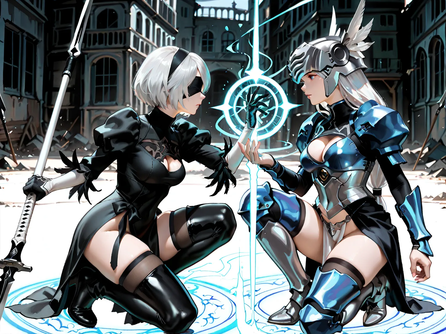 Masterpiece, best quality, photorealistic, semi-real, (2women), Valkyrie Lenneth, YorHa 2B, (Lenneth\knee-length white hair, hair tied at the bottom, silver helmet, winged helmet, blue and silver breaatplate, crotch curtain, blue armour boots, spear in han...