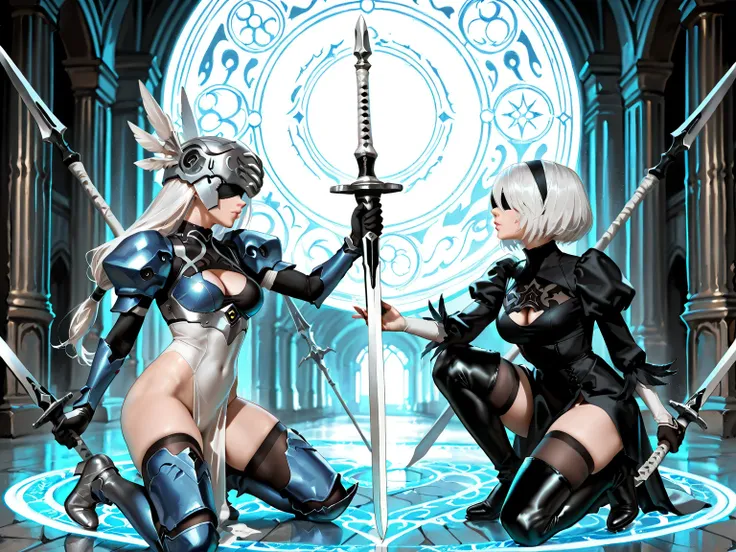 Masterpiece, best quality, photorealistic, semi-real, (2women), Valkyrie Lenneth, YorHa 2B, (Lenneth\knee-length white hair, hair tied at the bottom, silver helmet, winged helmet, blue and silver breaatplate, crotch curtain, blue armour boots, spear in han...