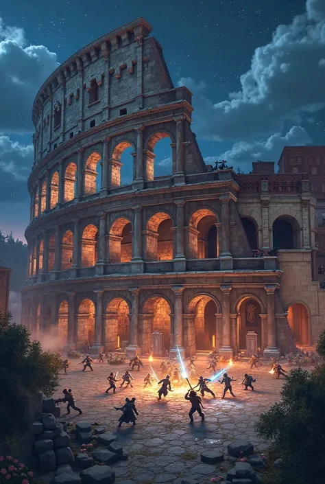 Minecraft colosseum at night while fighting 