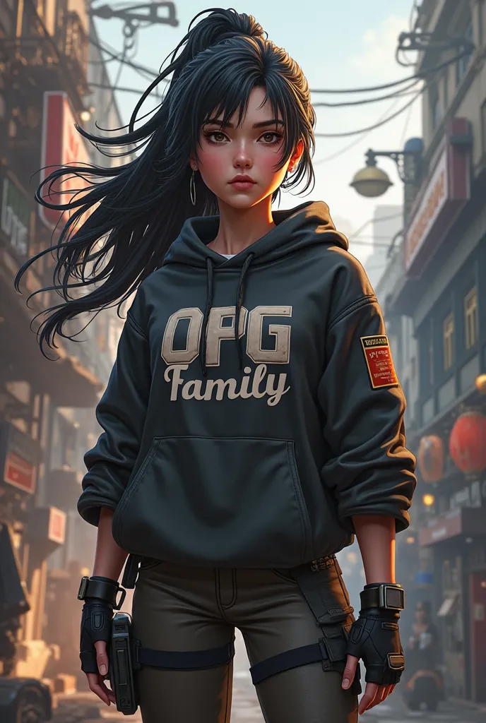 Make a girl with black hair in pubg mobail style with CUSTOM OPG FAMILY written on the sweater 