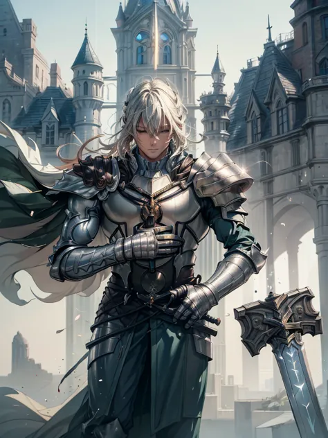 (best quality, high-res, masterpiece:1.2), ultra-detailed, anatomically correct, male, sword, light magic from hand, fantasy, castle, armor. full body, heroic