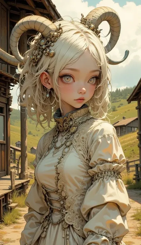 Tim Burton style、Ram&#39;s horn、cream colored and soft curly hair、Lolita Fashion、 upper body、Ranch、