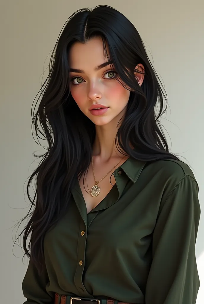 I want you to create a female character for me for a story,Let's be realistic and the girl is , has black hair and green eyes and lives in England, I want your clothes to be clothes that are occupied by today's agers please