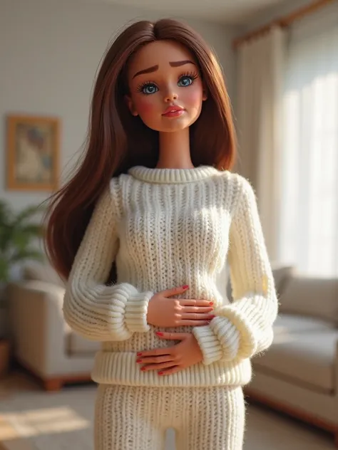 Barbie with brown hair,  large white sweater , pants, with a face of serious pain with an expression of pain and crying in pain, clutching the belly with both hands as if complaining of belly pain , in the living room of his house, 