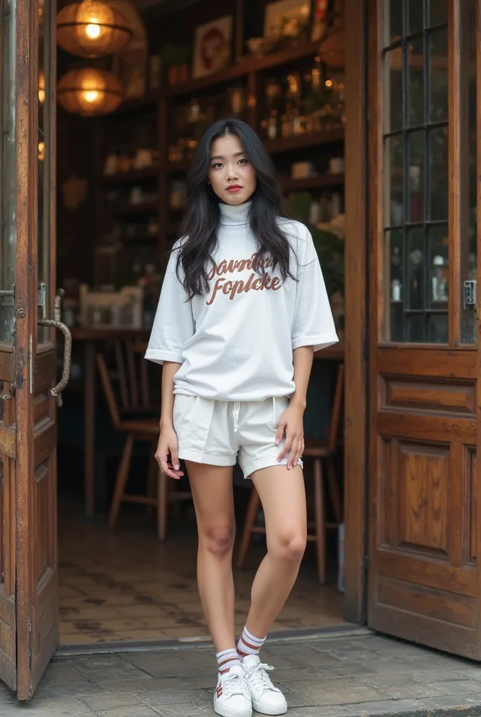 A woman of Indonesian Chinese descent, wearing 90s style fashion with an oversize turtle neck t-shirt "ANAKE SOLIKIN "and shorts and a white sneaker .
Posing in front of the door of a traditional coffee shop 
Her style was elegant with her long black unfur...