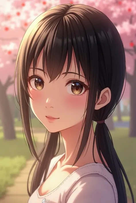 A young Japanese woman with a soft and gentle expression, She has long, straight black hair with bangs, styled into two low pigtails. Her face has a delicate, slightly rounded shape with smooth, fair skin. Her eyes are slightly almond-shaped with a warm an...