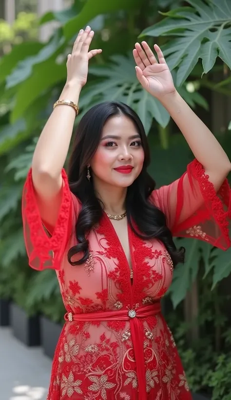 Beautiful Indonesian woman aged 42 years, beautiful plump wearing a thin transparent red kebaya with big breasts and standing raising her hands in the air, a women kissed of cheek a man, the background is a wall of plants and a bright atmosphere, and very ...