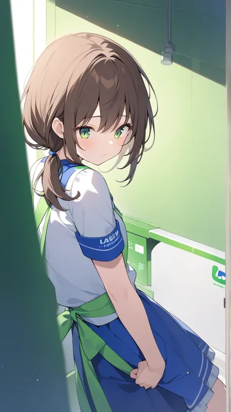 one girl、is facing the front、Combine FamilyMart uniforms with Lawson uniforms、Standing still、green back、hair brown、Light green eyes、Semi-long hairstyle、Half Up、 in the room、background green、