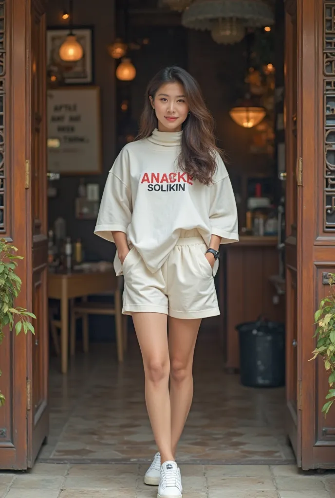 A woman of Indonesian Chinese descent, wearing 90s style fashion with an oversize turtle neck t-shirt "ANAKE SOLIKIN "and shorts and a white sneaker .
Posing in front of the door of a traditional coffee shop 
Her style is elegant with 90s women's hairstyle...