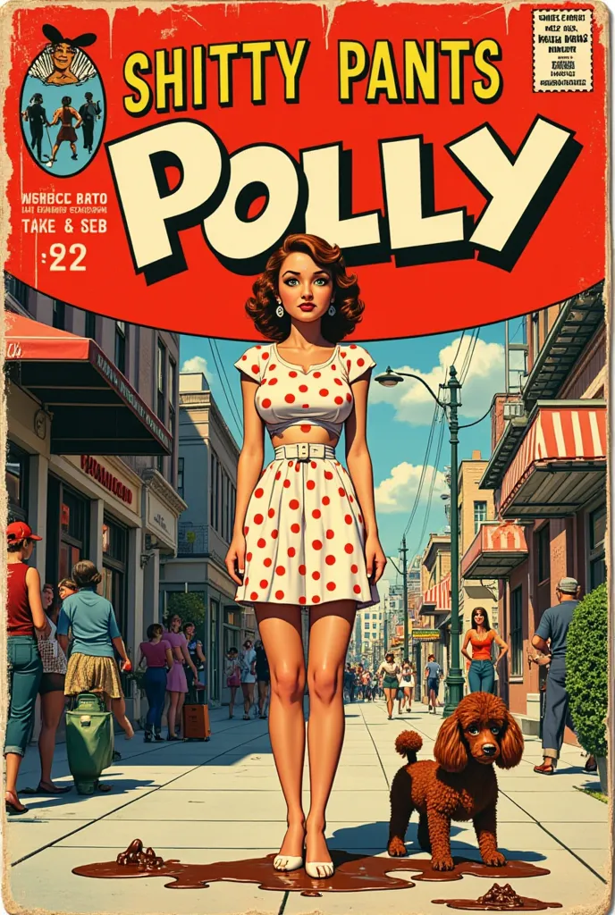 vintage 60s comic book, "SHITTY PANTS POLLY", classic action style comic book font, stroke embossed border, torn cover, worn, collector's item, show price and publisher logo, girl in polka dot dress, pooped her panties, looks shy and embarrassed, on the si...