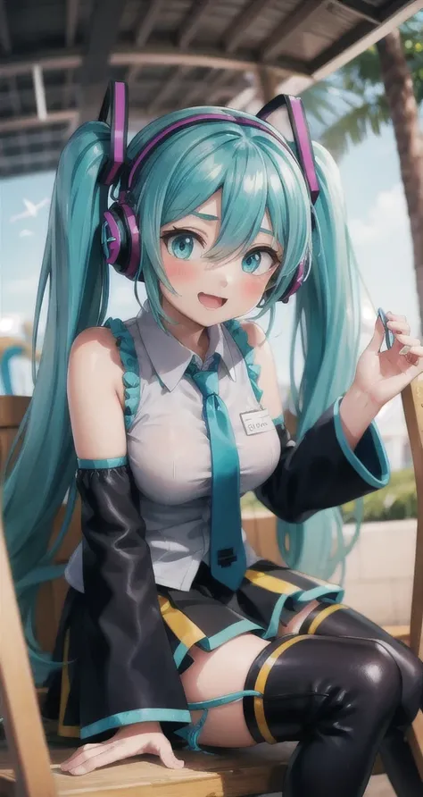 ((masterpiece,intricate details)),1girl,mature female
BREAK
hatsunemiku, miku hatsune, ahoge, aqua eyes, aqua hair, crossed bangs, hair between eyes, hair ornament, headphones, long hair, twintails, BREAK aqua necktie, black footwear, black skirt, black sl...