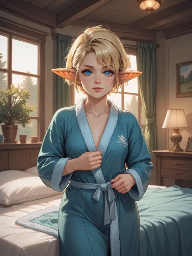 ((masterpiece)), 1 girl, goblin girl, colored skin green, high resolution, helmet short hair,  green leather,  sharp ears, blue eyes, blonde hair, wearing a blue silk bathrobe, room with a bed, aesthetically pleasing, high resolution, high detail, anime, s...