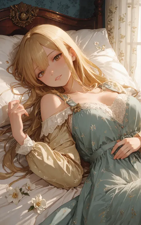 **"A high-resolution (8K) hyper-detailed digital illustration of a stunning blonde girl lying on a bed, wearing a delicate pajama set. Her long, slightly tousled golden hair cascades naturally, each strand meticulously rendered to capture texture and depth...