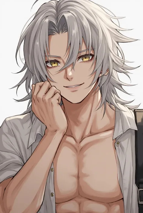  Adult man, anime, video game, loose long gray hair, long hair,  loose hair, Yellow eyes,  golden eyes, slightly tanned pale skin, butterfly bangs, open bangs, a lock sticking out of his head, tonificado,  muscular,  smiling