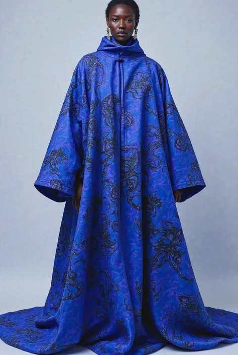 Blue-violet print in an oversized jacket