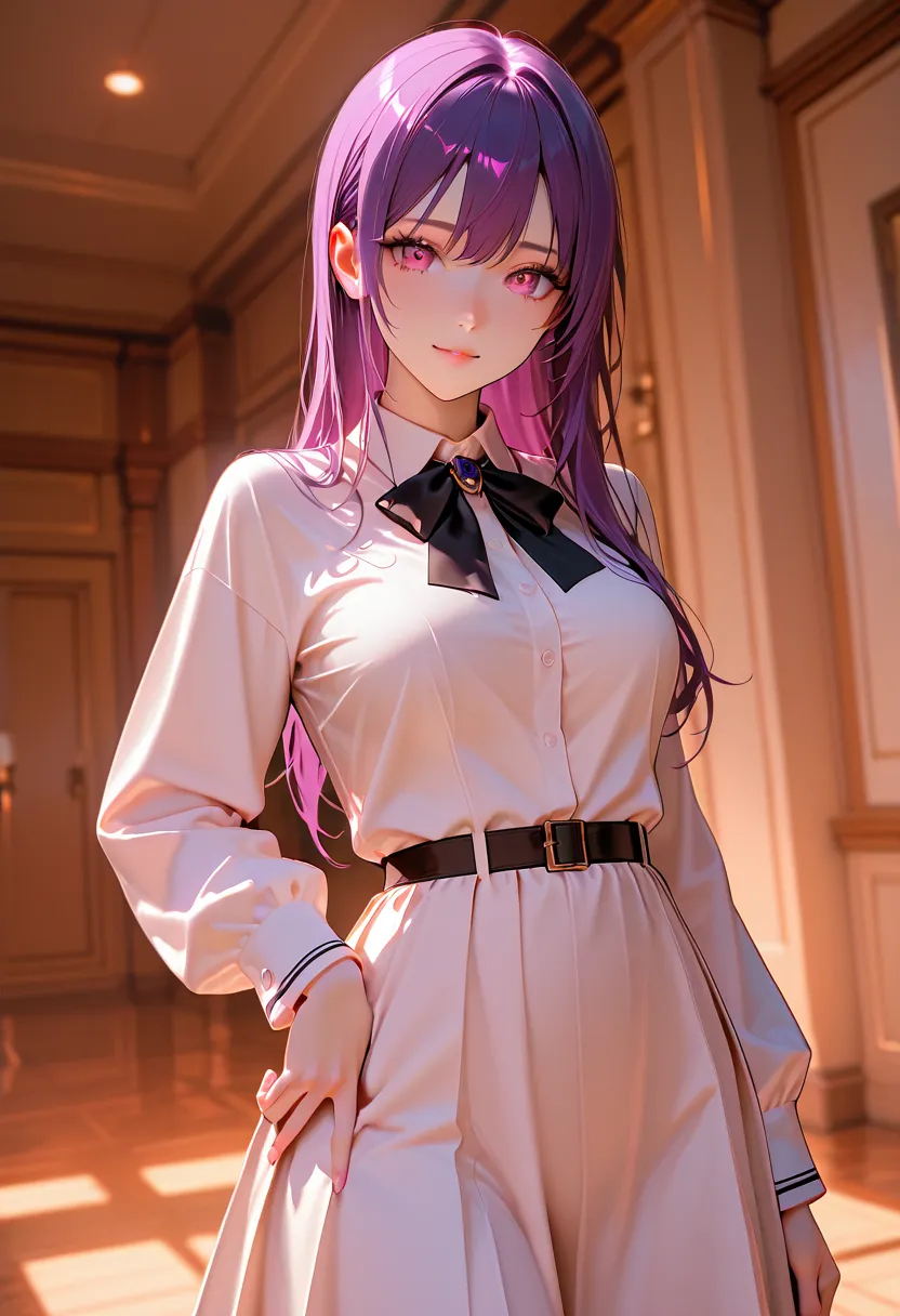 A woman with long, purple hair, clear pink eyes with a slight red tint, a beautiful face, a beautiful figure, dressed in a black and white Academian school uniform.