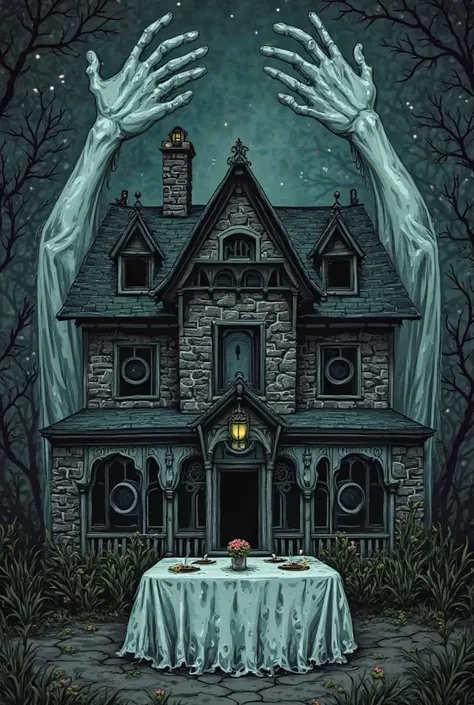 A haunted dollhouse (gothic mansion) with cracked stone walls and dark windows like empty eyes. sitting on a table with a white curtain. Above, ghostly hands, pale and thin, reach from the sky down to the roof. Gothic style, slightly comic book, but dark