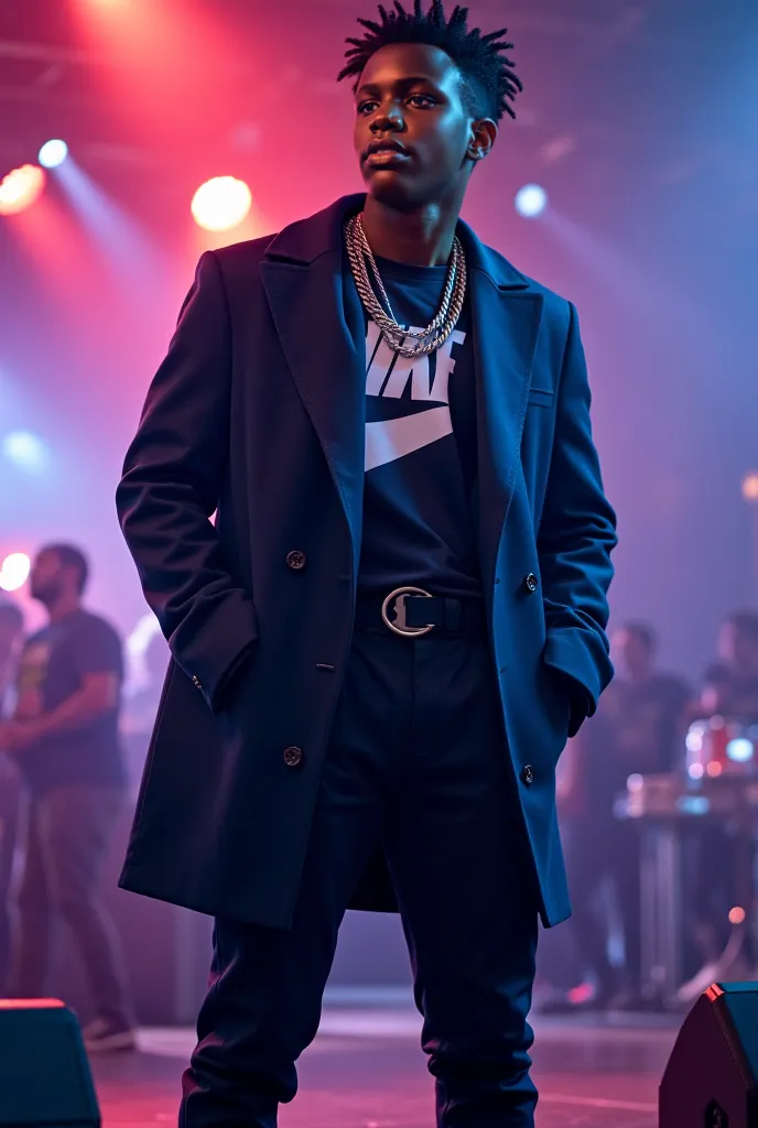 Young black man wearing with Nike wearing and hip hop cain and blue coat on stage 